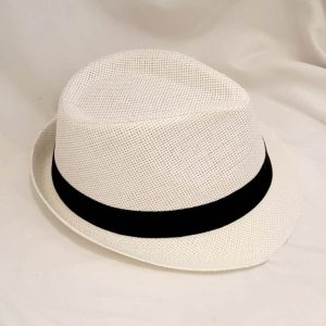 White Fedora Hat - Straw Type With Band - Size 27cm x 24cm
